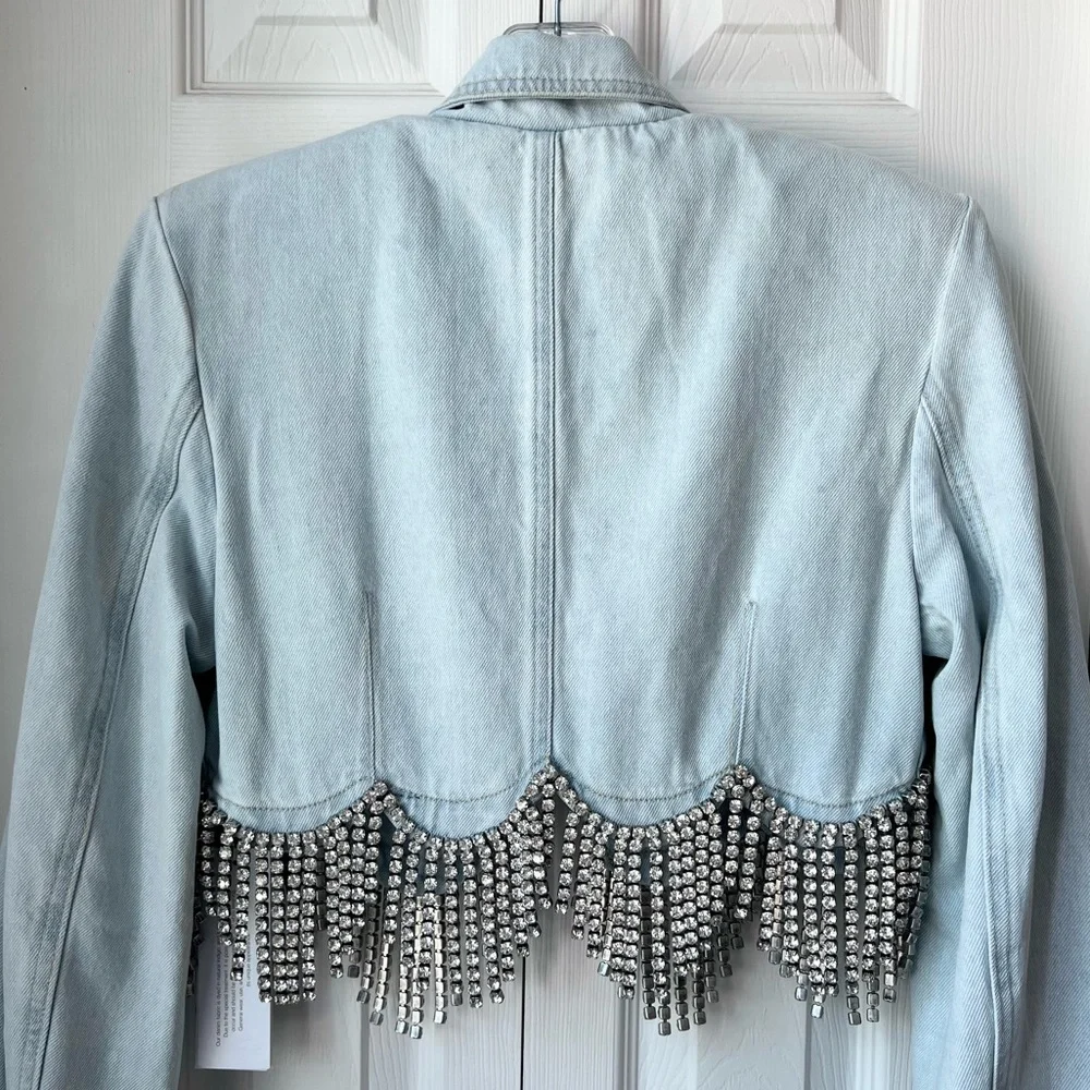 ⚡️⚡️AREA Scalloped Embellished Cropped Denim Jacket in Pale Blue, Size 4,NWT - Picture 14 of 17